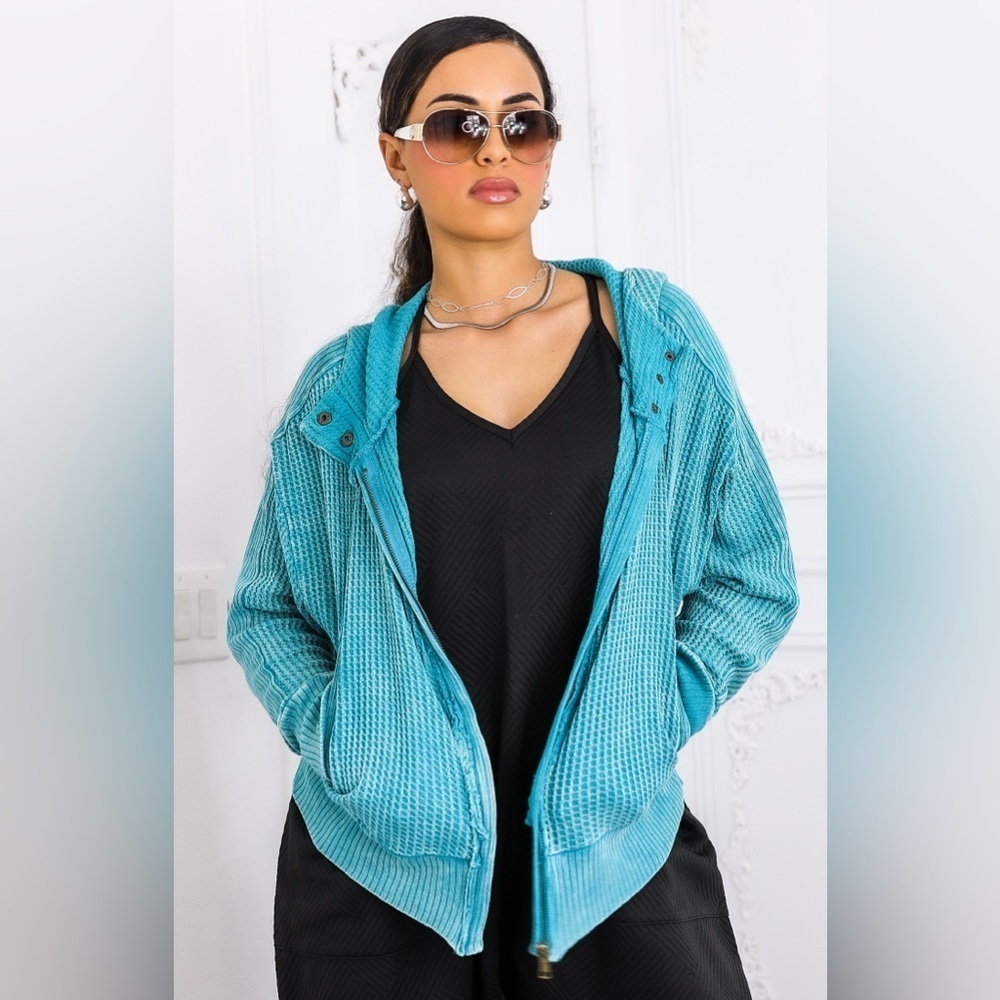 Teal Waffle Knit Zip-Up Hoodie - Picture 2 of 5